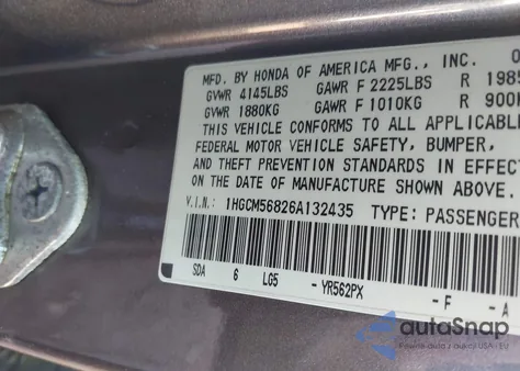2006 Honda Accord 2.4 Ex z USA, uszkodzony, nr VIN 1HGCM56826A132435